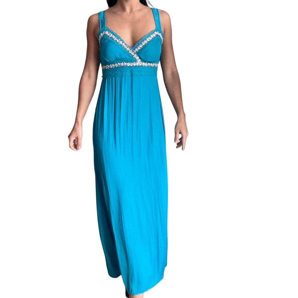VTG Betsey Johnson Turquoise Blue Embroidered‎ Lace Boho Maxi Dress Y2K Size 4